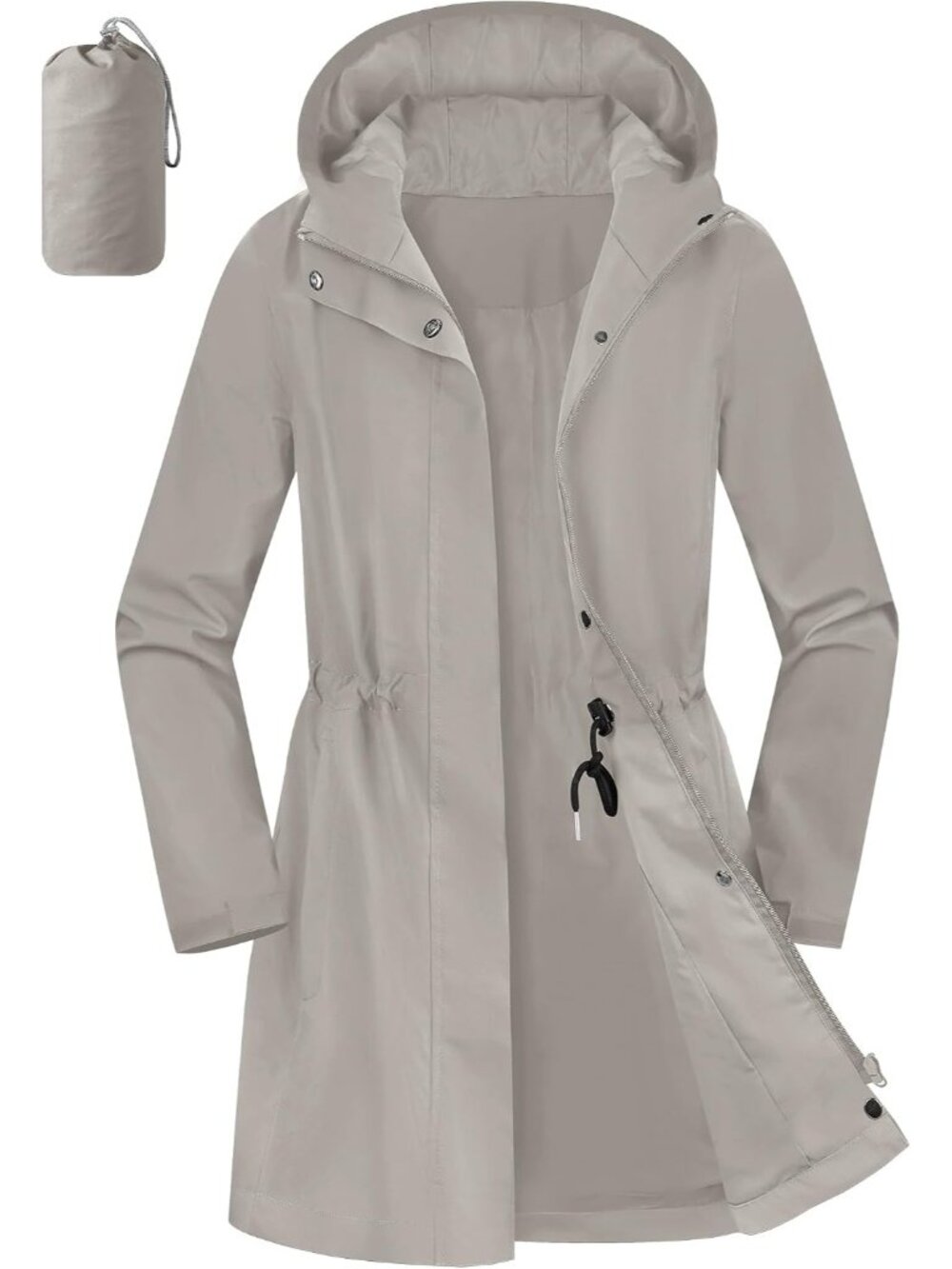 Women's Silver Hooded Zipper Pockets Drawstring Waist Waterproof Packable Jacket